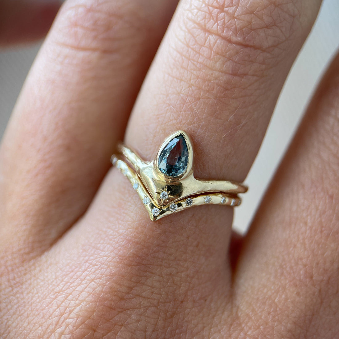 Custom Blue Sapphire Reign of Light Ring and Diamond Stacking Band