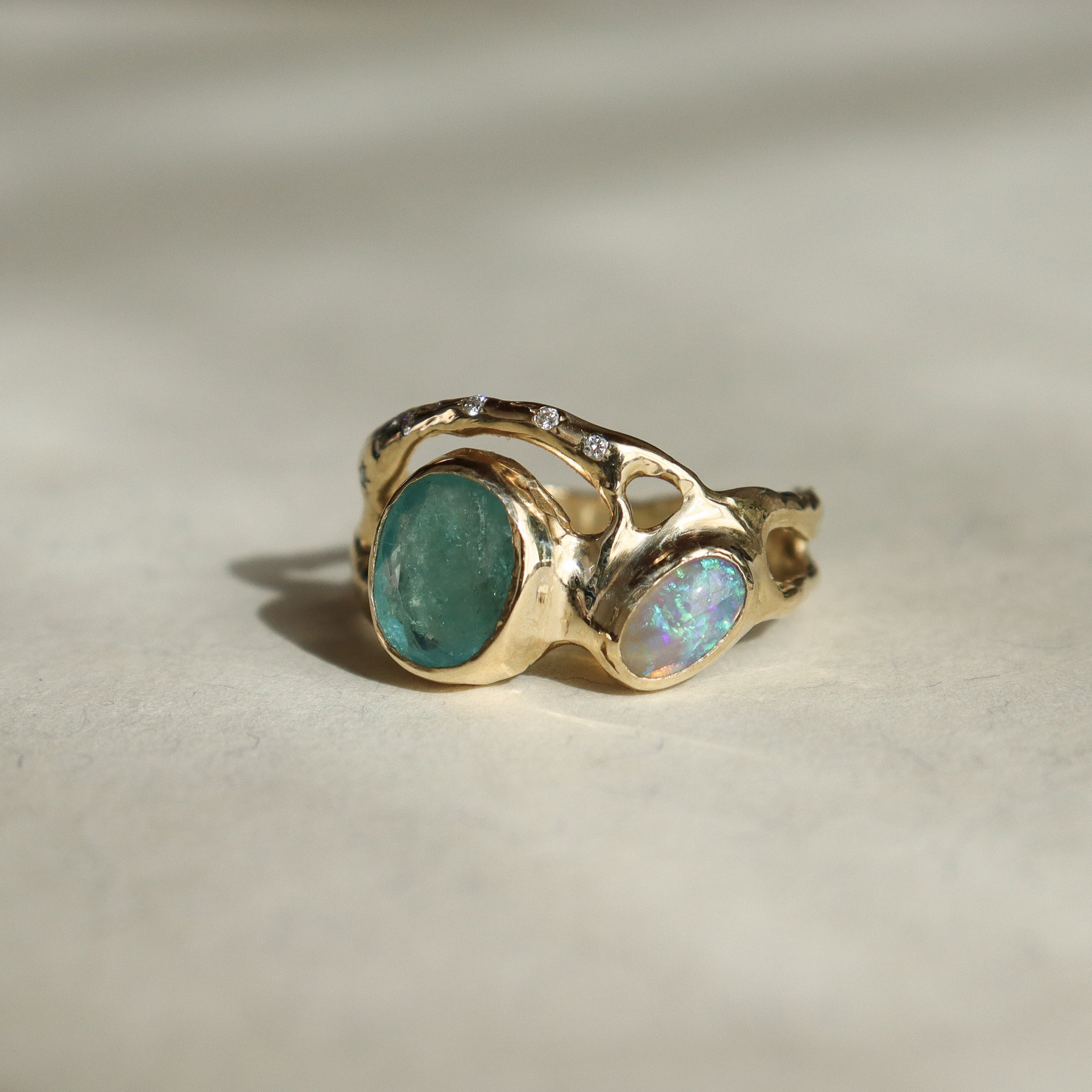 Mermaid Lagoon Ring | Paraiba Tourmaline, Opal, Diamonds, 14k Gold