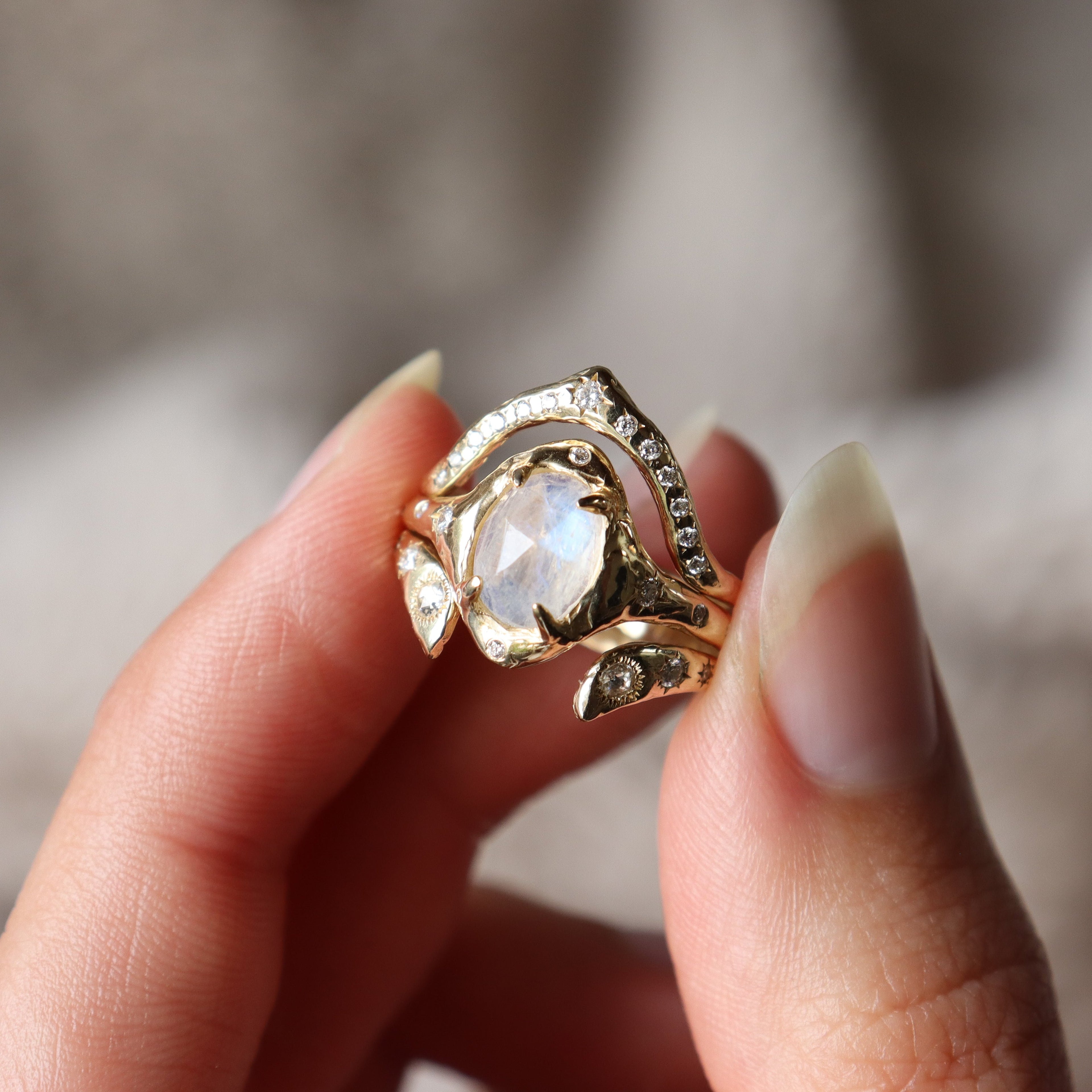 The Selene | Moonstone and Diamond Ring, 14k Gold