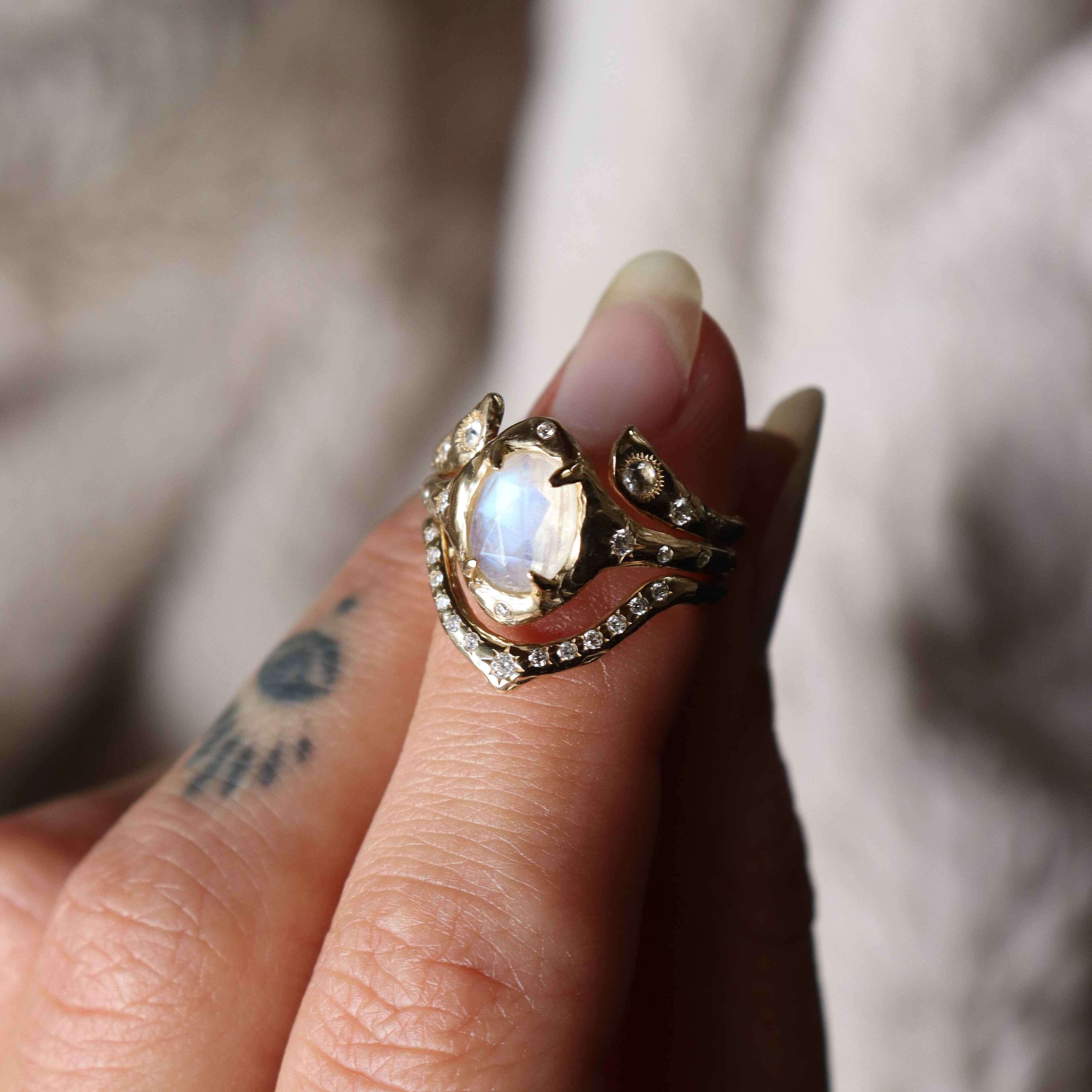 The Selene | Moonstone and Diamond Ring, 14k Gold