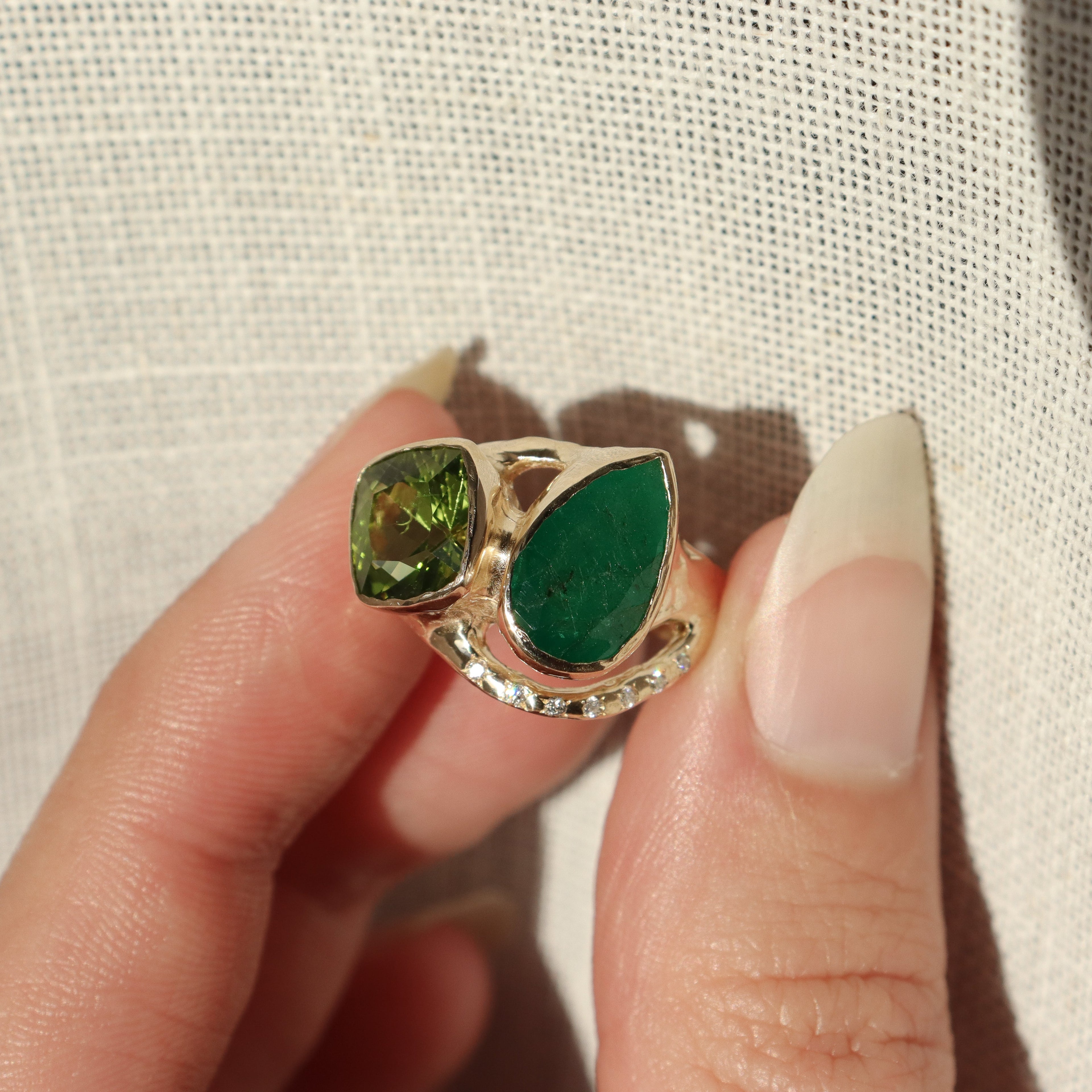 Custom Emerald and Peridot Engagement Ring