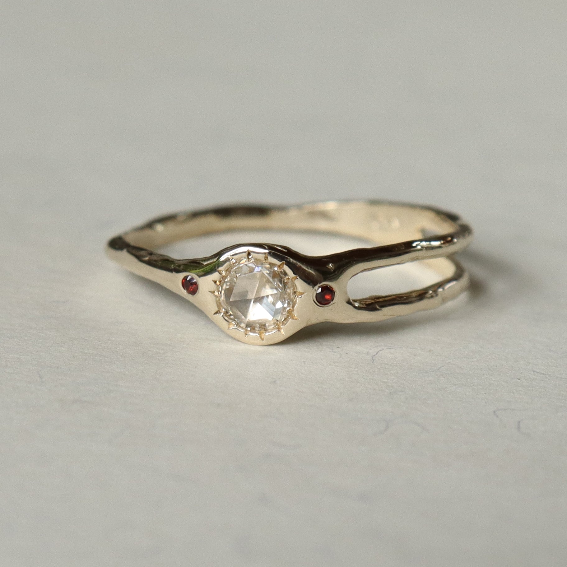 Custom Rose Cut Diamond and Garnet Shooting Star Engagement Ring