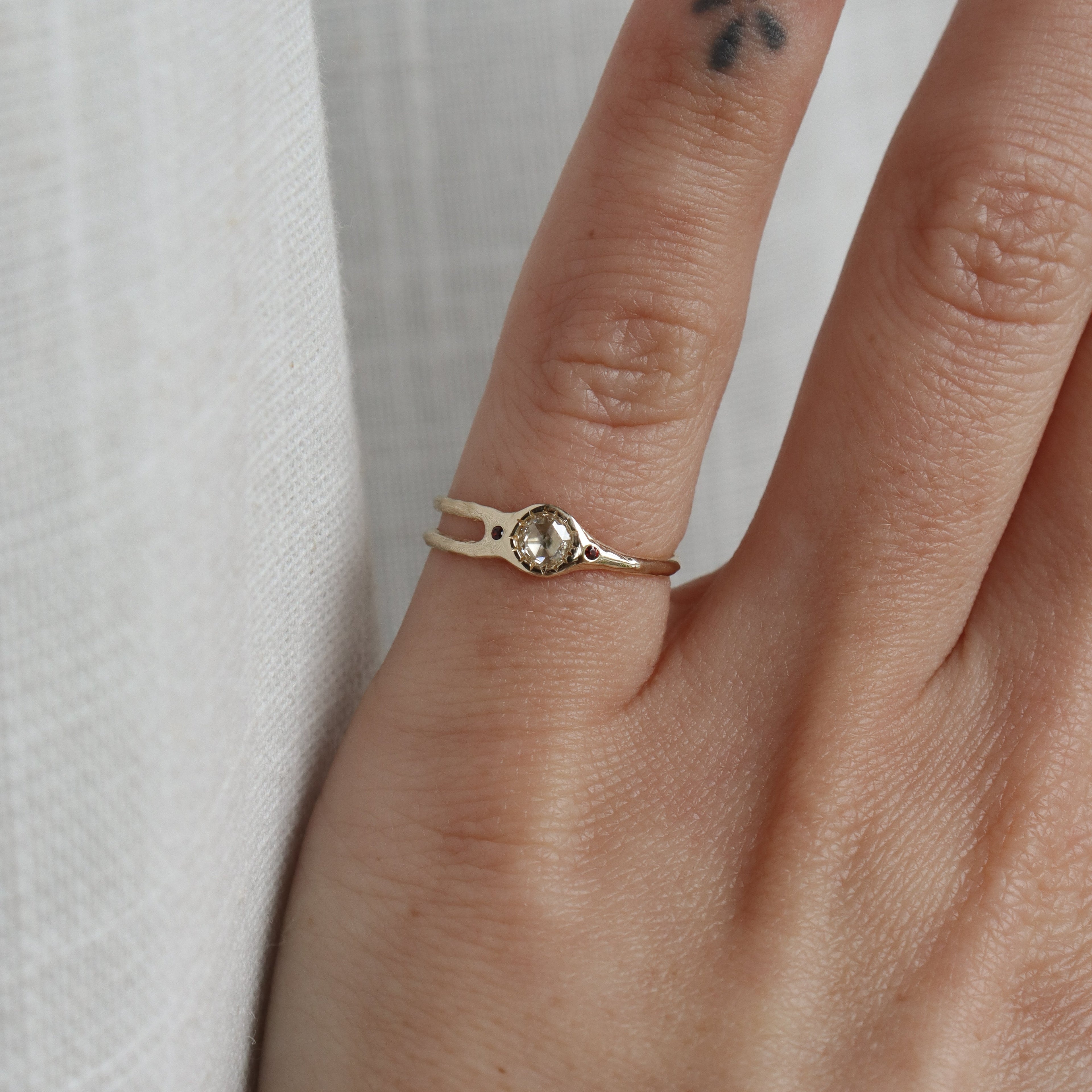 Custom Rose Cut Diamond and Garnet Shooting Star Engagement Ring