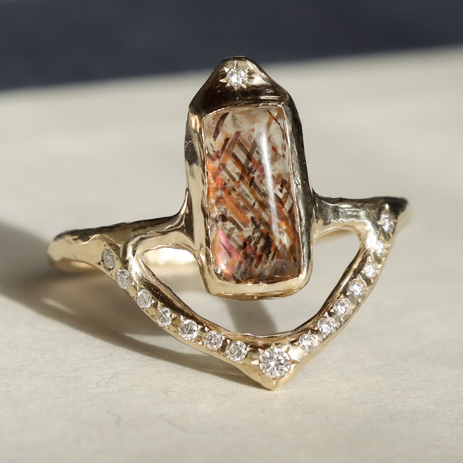 Starfall Ring | Rainbow Lattice Sunstone, Diamonds, 14k Gold