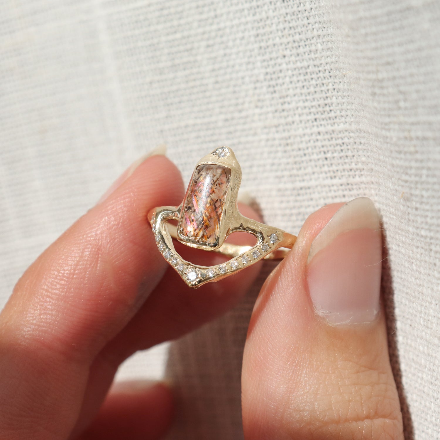 Starfall Ring | Rainbow Lattice Sunstone, Diamonds, 14k Gold