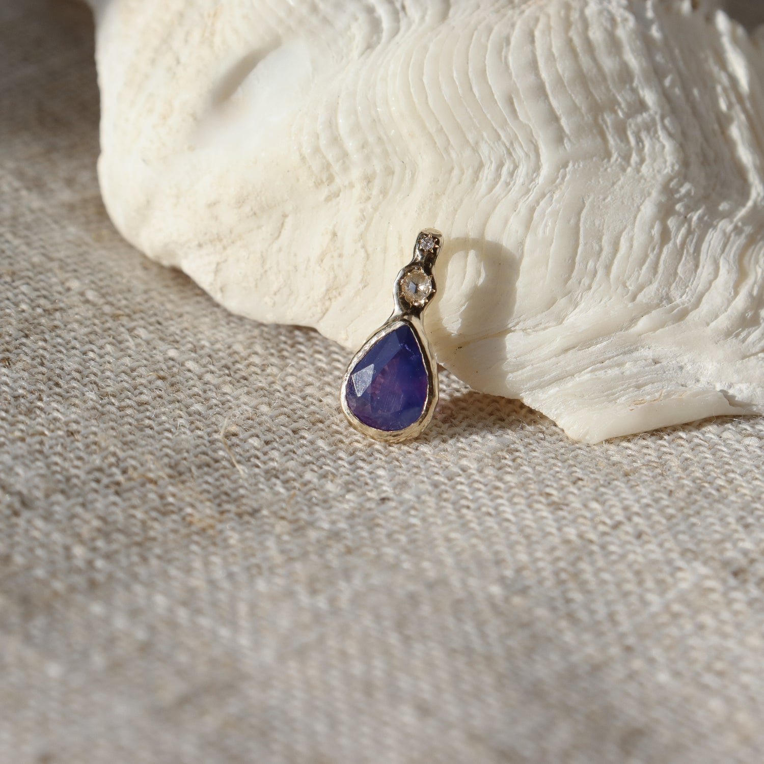 Daughter of the Tide | Droplet Charm, Purple Sri Lanken Sapphire, Diamonds, 14k Gold