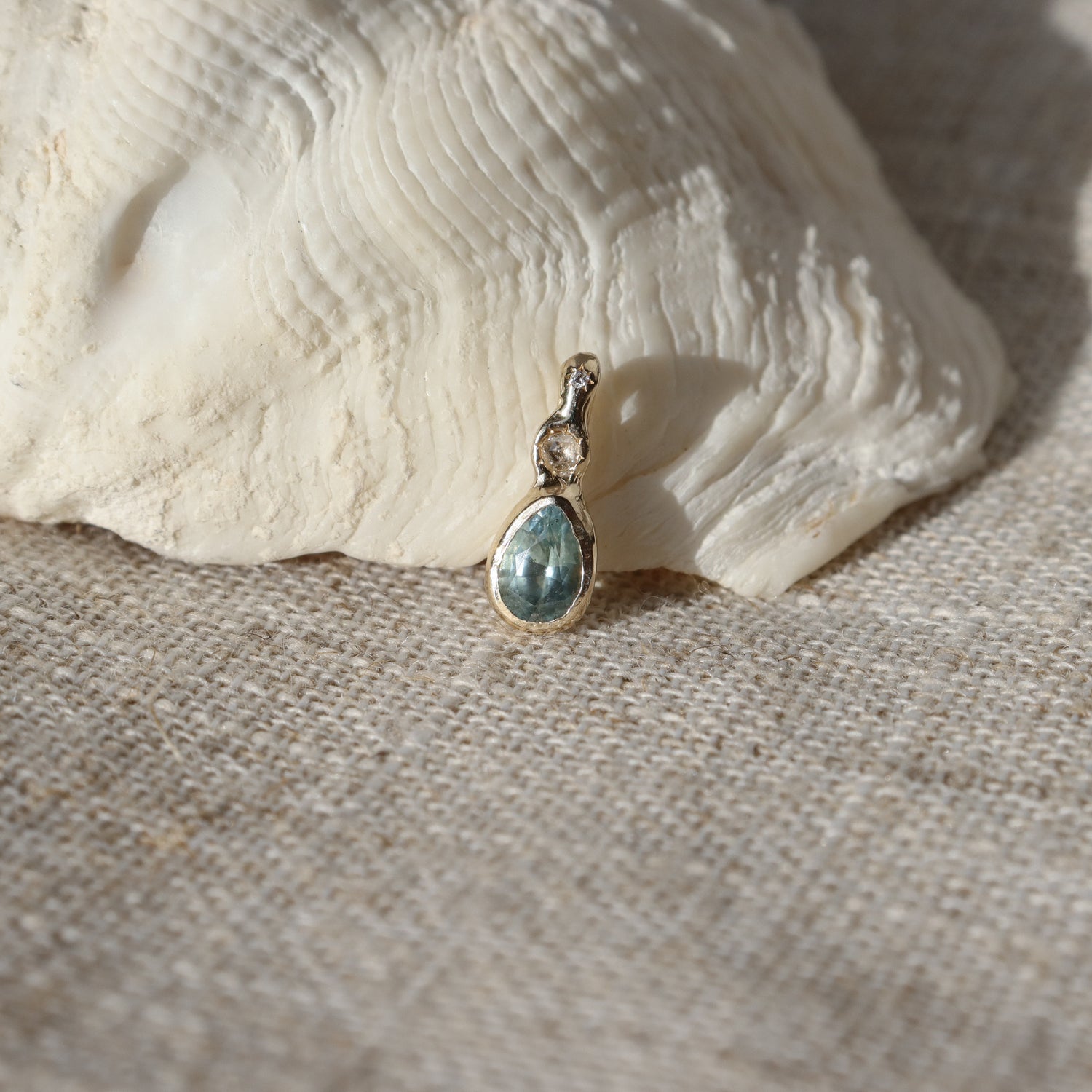 Daughter of the Tide | Droplet Charm, Sky Blue Montana Sapphire, Diamonds, 14k Gold