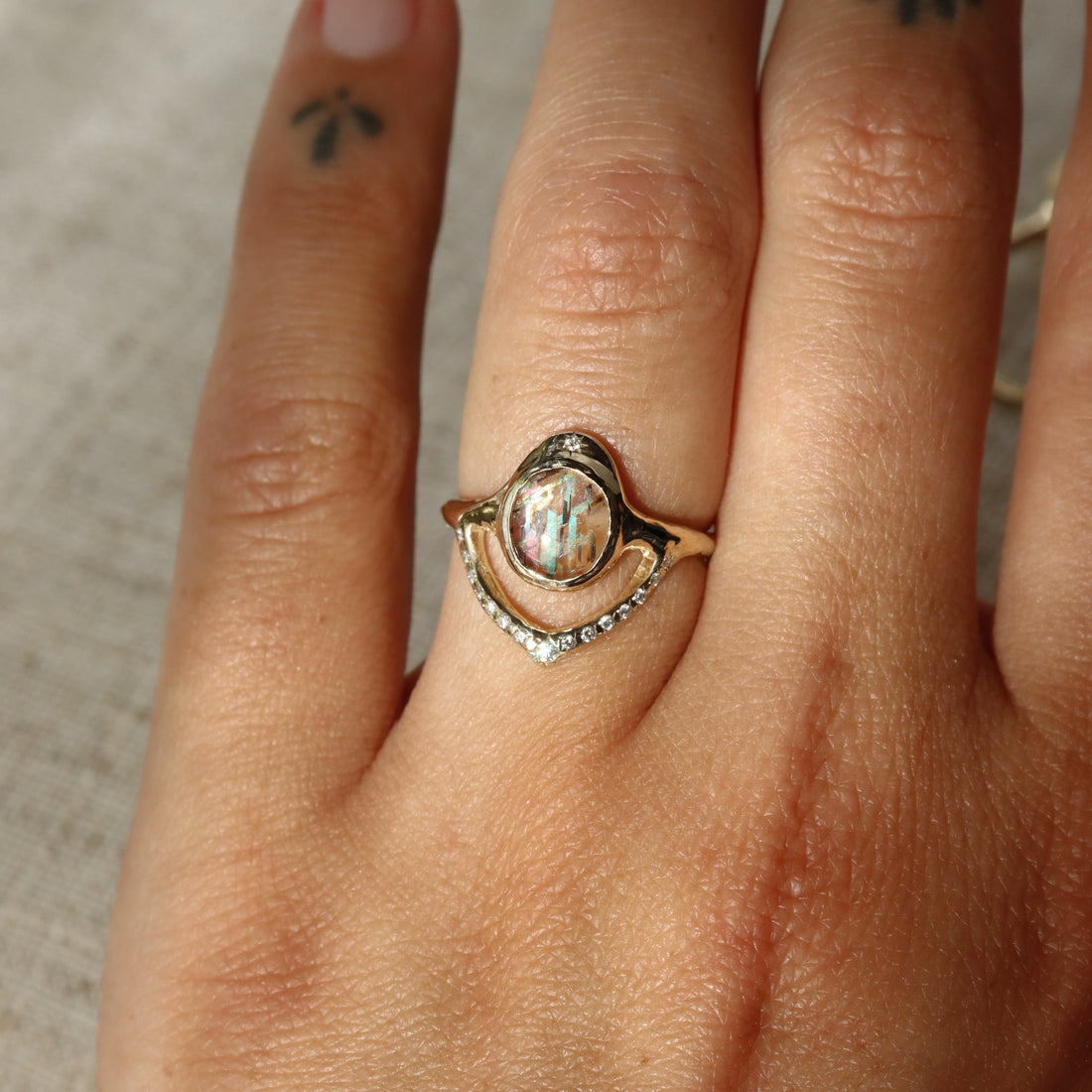 Starfall Ring | Rainbow Lattice Sunstone, Diamonds, 14k Gold