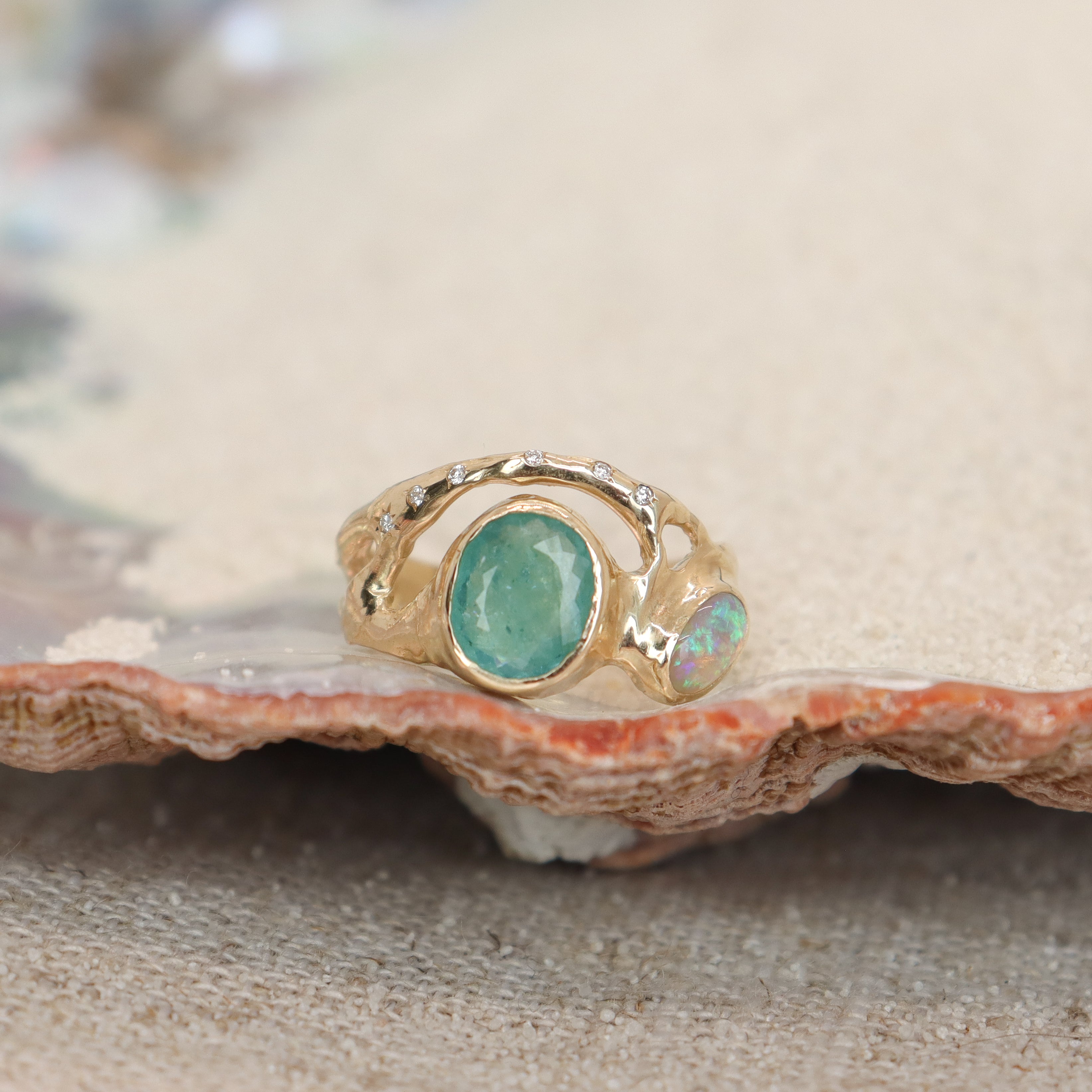 Mermaid Lagoon Ring Paraiba Tourmaline Opal Diamonds 14k Gold