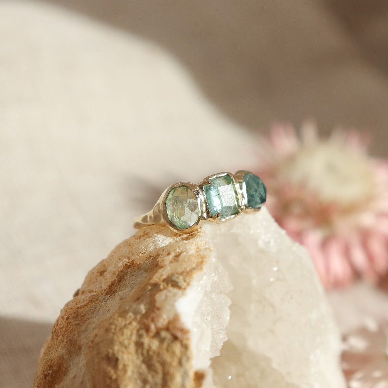 Ombre Blue Tourmaline Trio Ring | 14k Gold