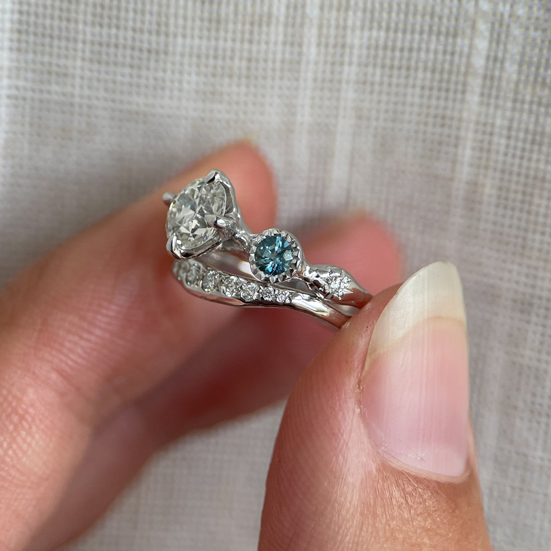 Custom Old Euro Diamond and Aquamarine Engagement Ring