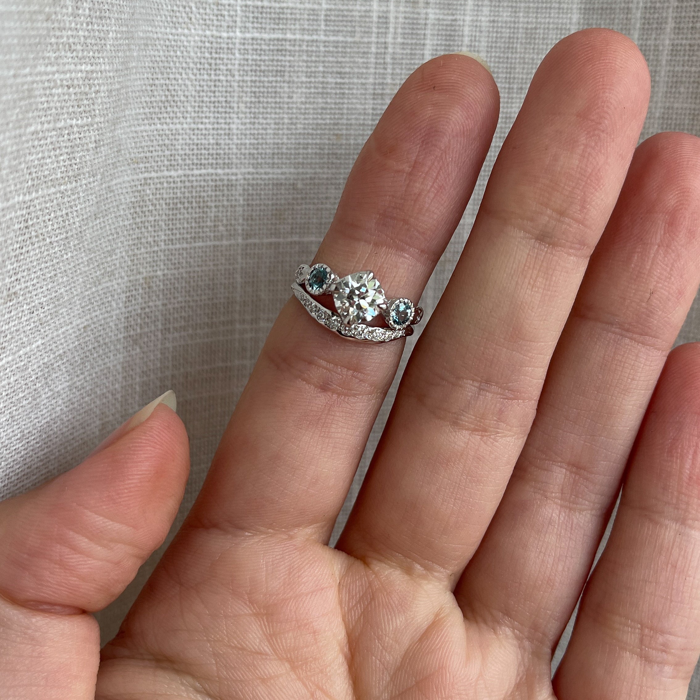 Custom Old Euro Diamond and Aquamarine Engagement Ring
