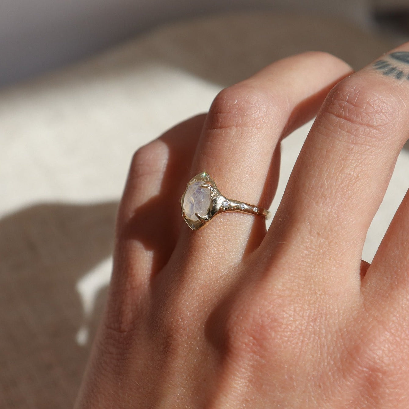 The Selene | Moonstone and Diamond Ring, 14k Gold