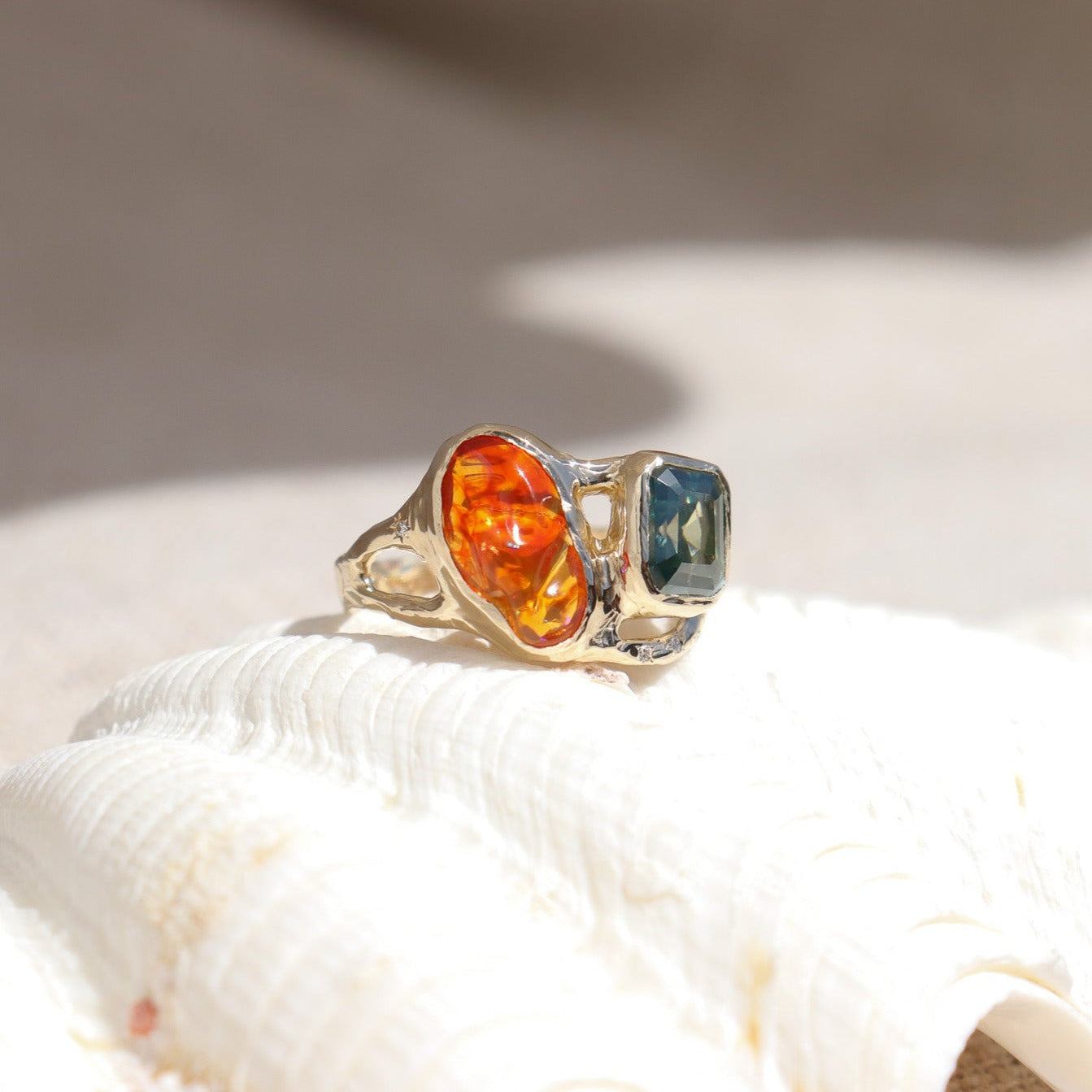 Custom Fire Opal and Moissanite Ring