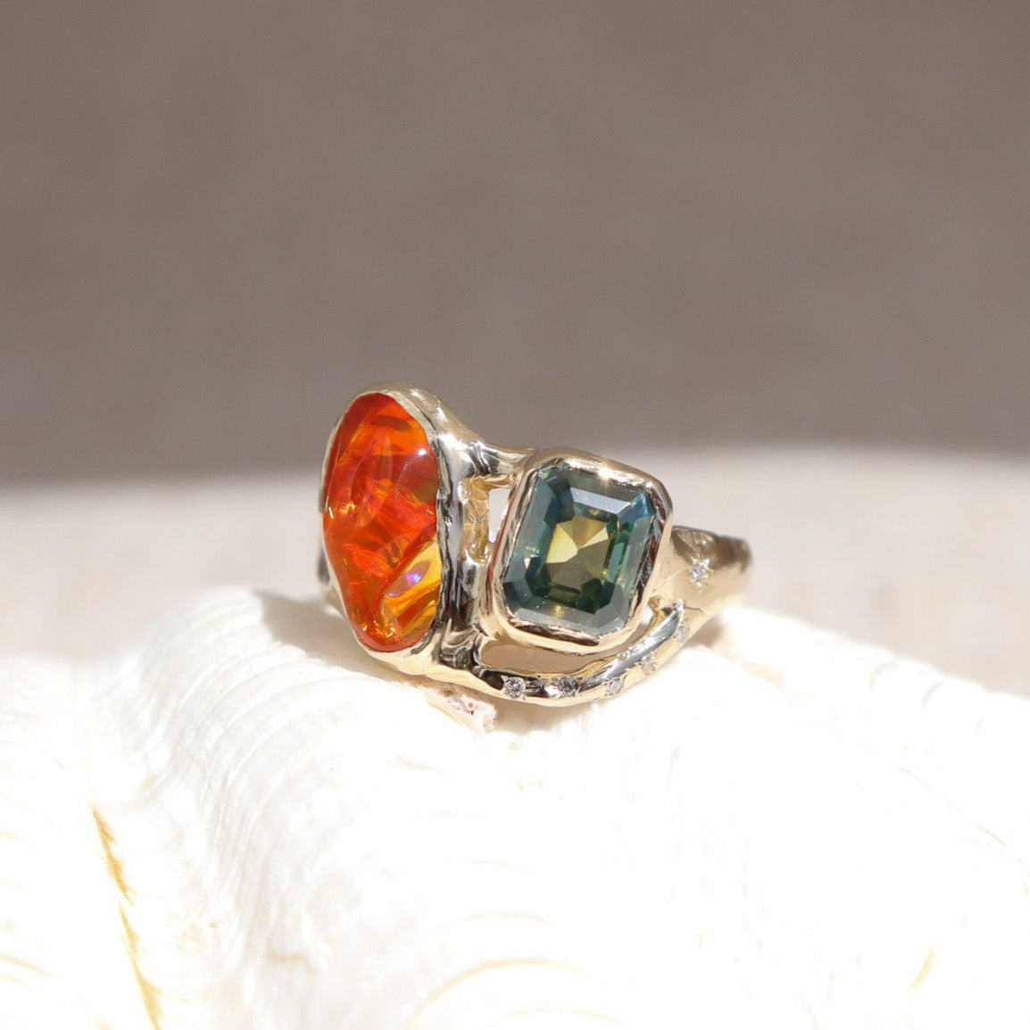 Custom Fire Opal and Moissanite Ring