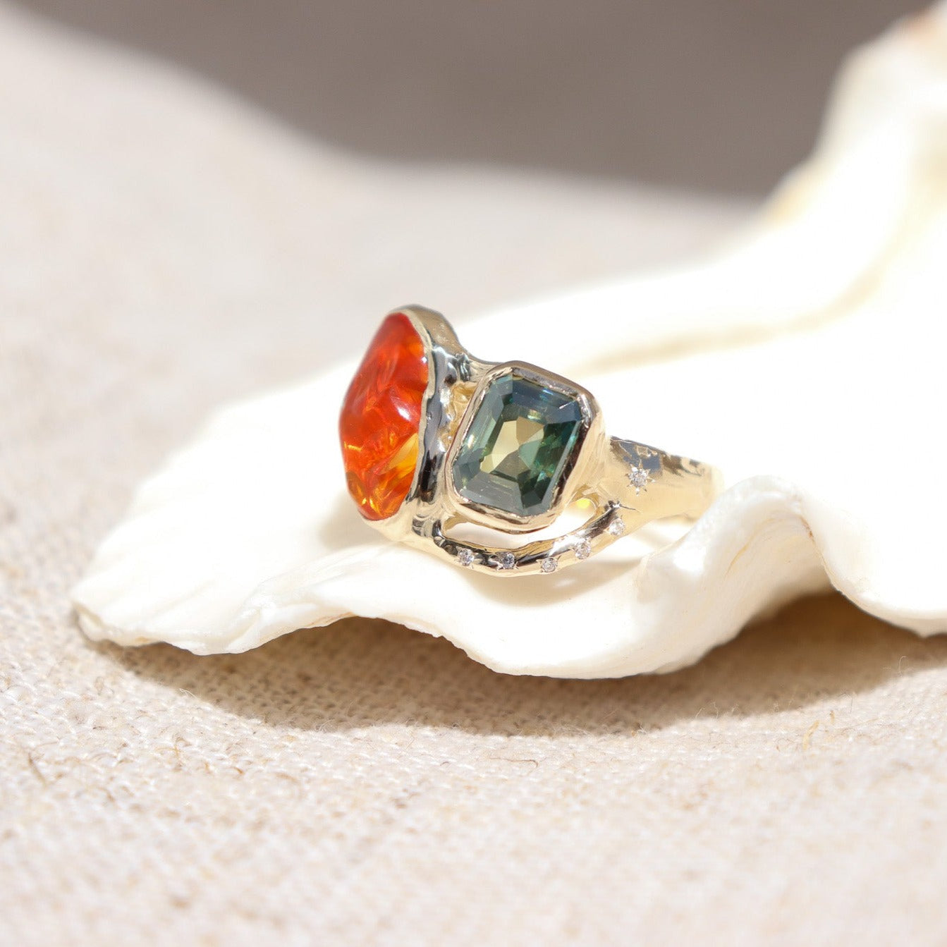 Custom Fire Opal and Moissanite Ring