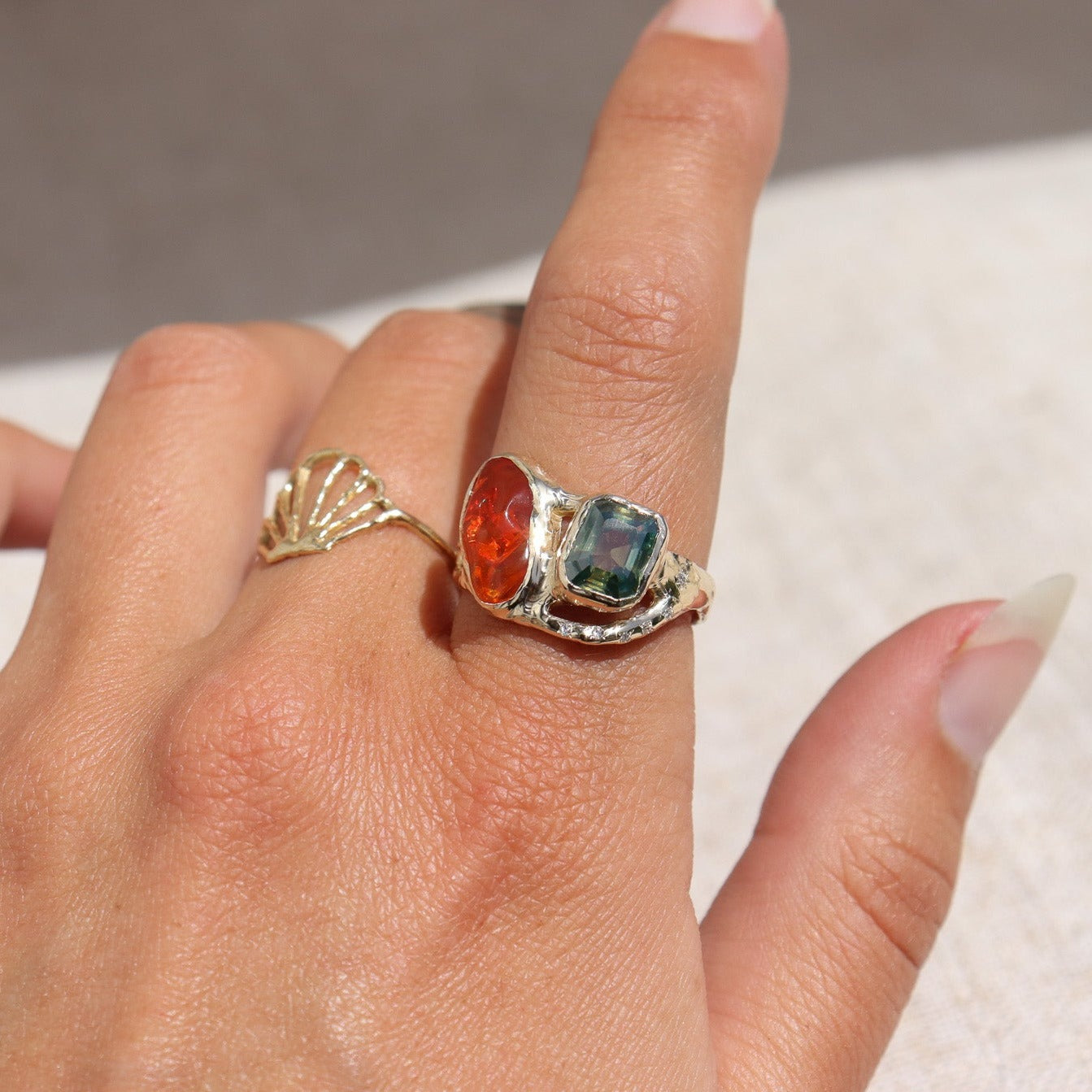 Custom Fire Opal and Moissanite Ring