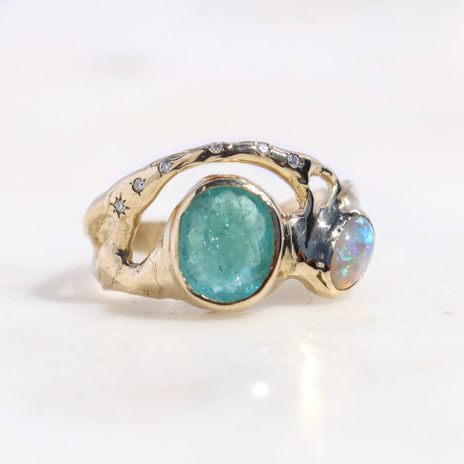 Mermaid Lagoon Ring | Paraiba Tourmaline, Opal, Diamonds, 14k Gold