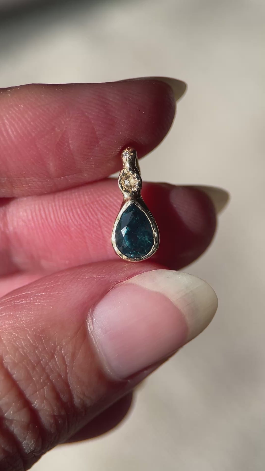 Daughter of the Tide | Droplet Charm, Dark Blue Montana Sapphire, Diamonds, 14k Gold