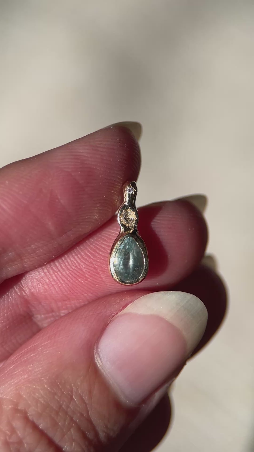 Daughter of the Tide | Droplet Charm, Sky Blue Montana Sapphire, Diamonds, 14k Gold