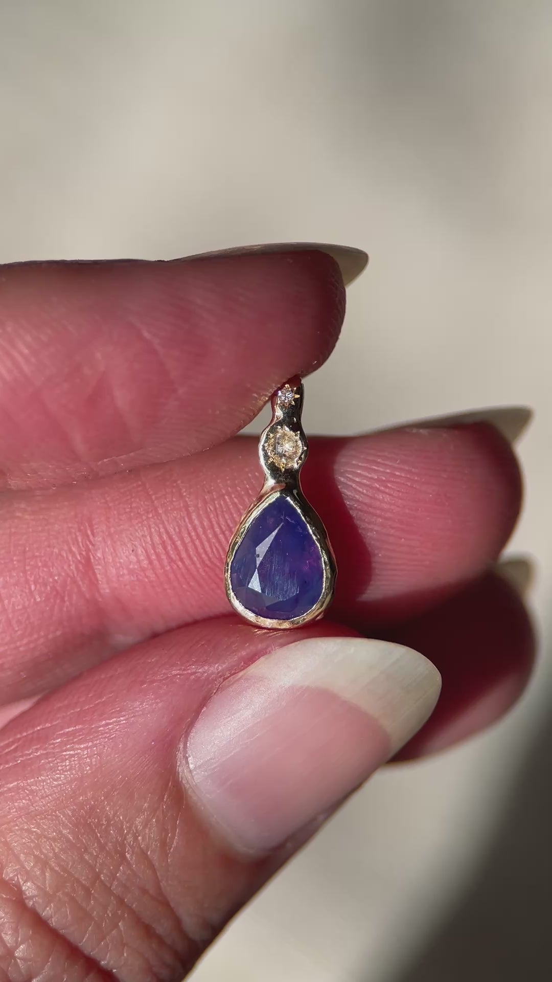 Daughter of the Tide | Droplet Charm, Purple Sri Lanken Sapphire, Diamonds, 14k Gold