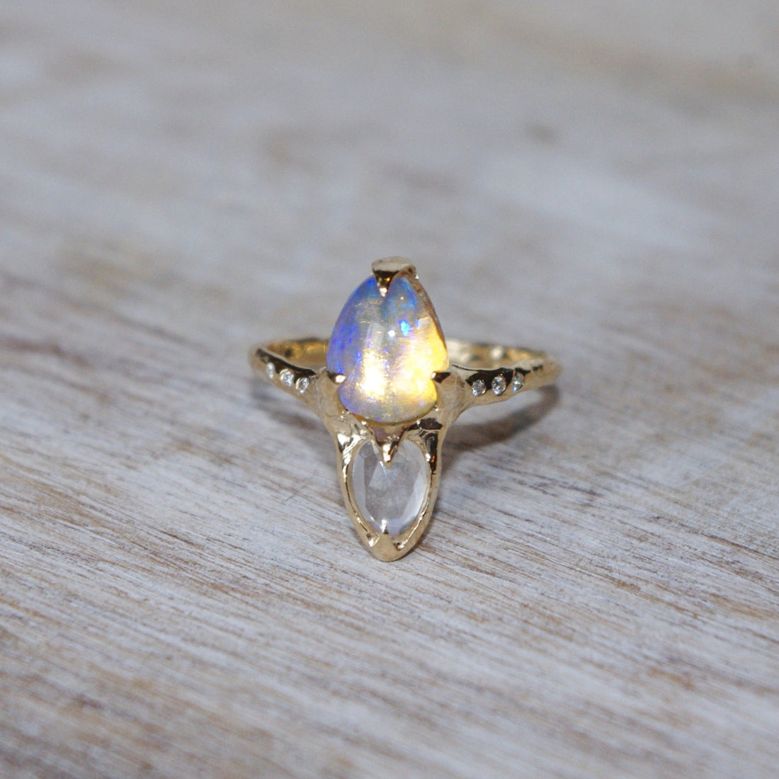 Opal, Moonstone, and Diamond Ring | 14k Gold