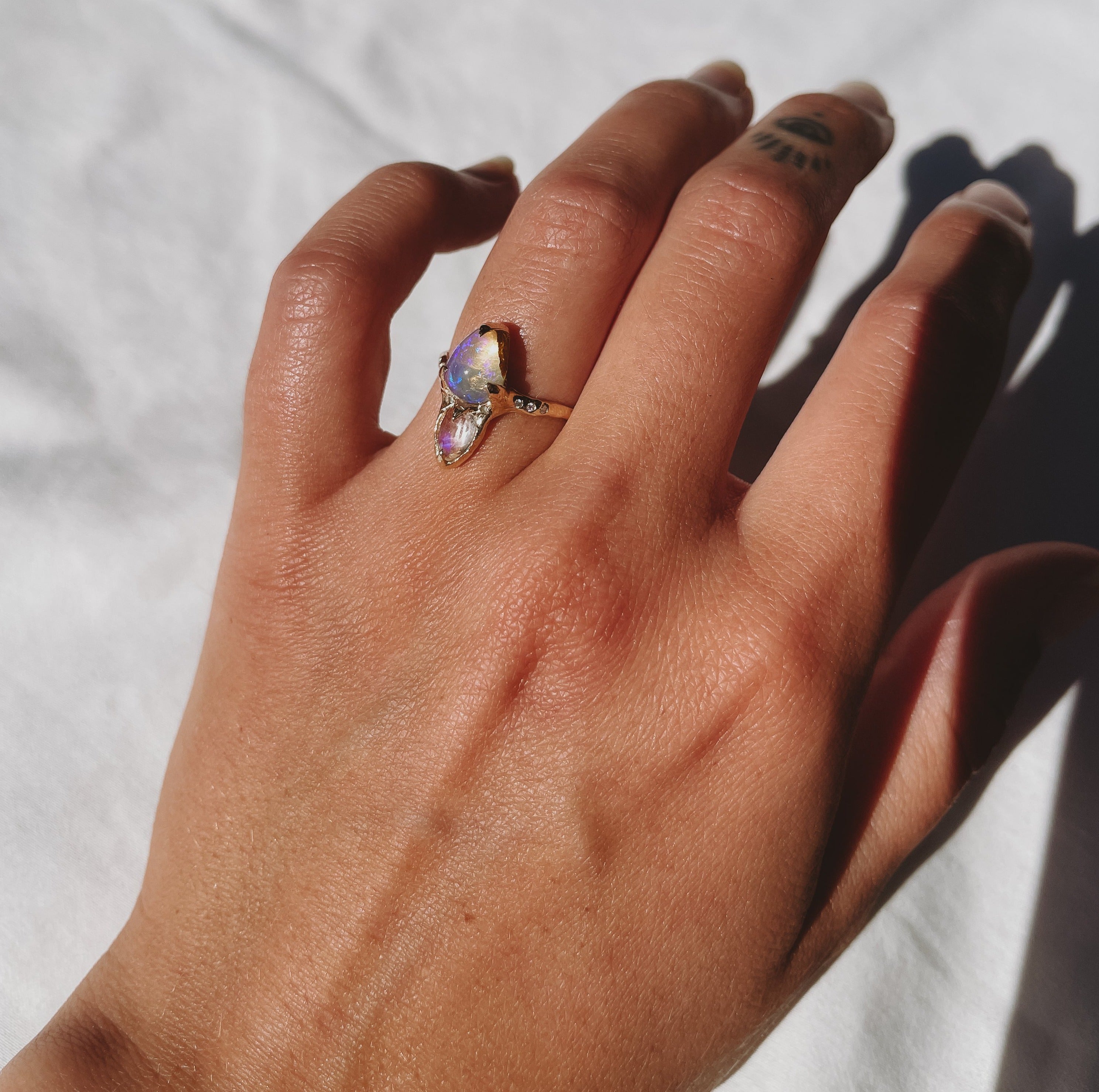 Opal, Moonstone, and Diamond Ring | 14k Gold