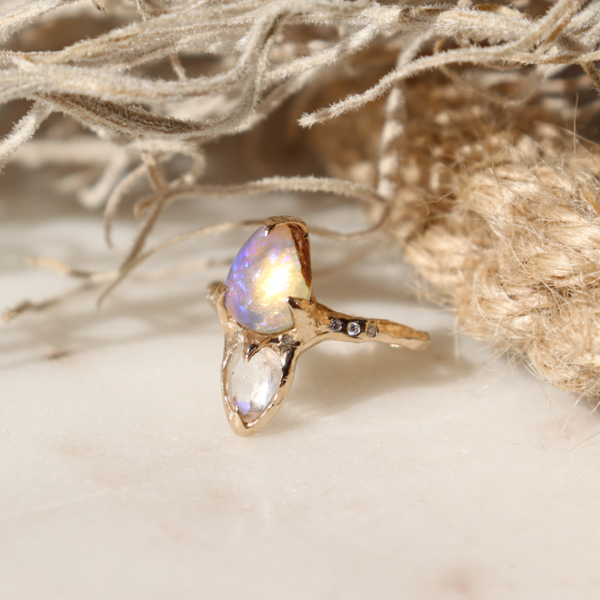 Opal, Moonstone, and Diamond Ring | 14k Gold