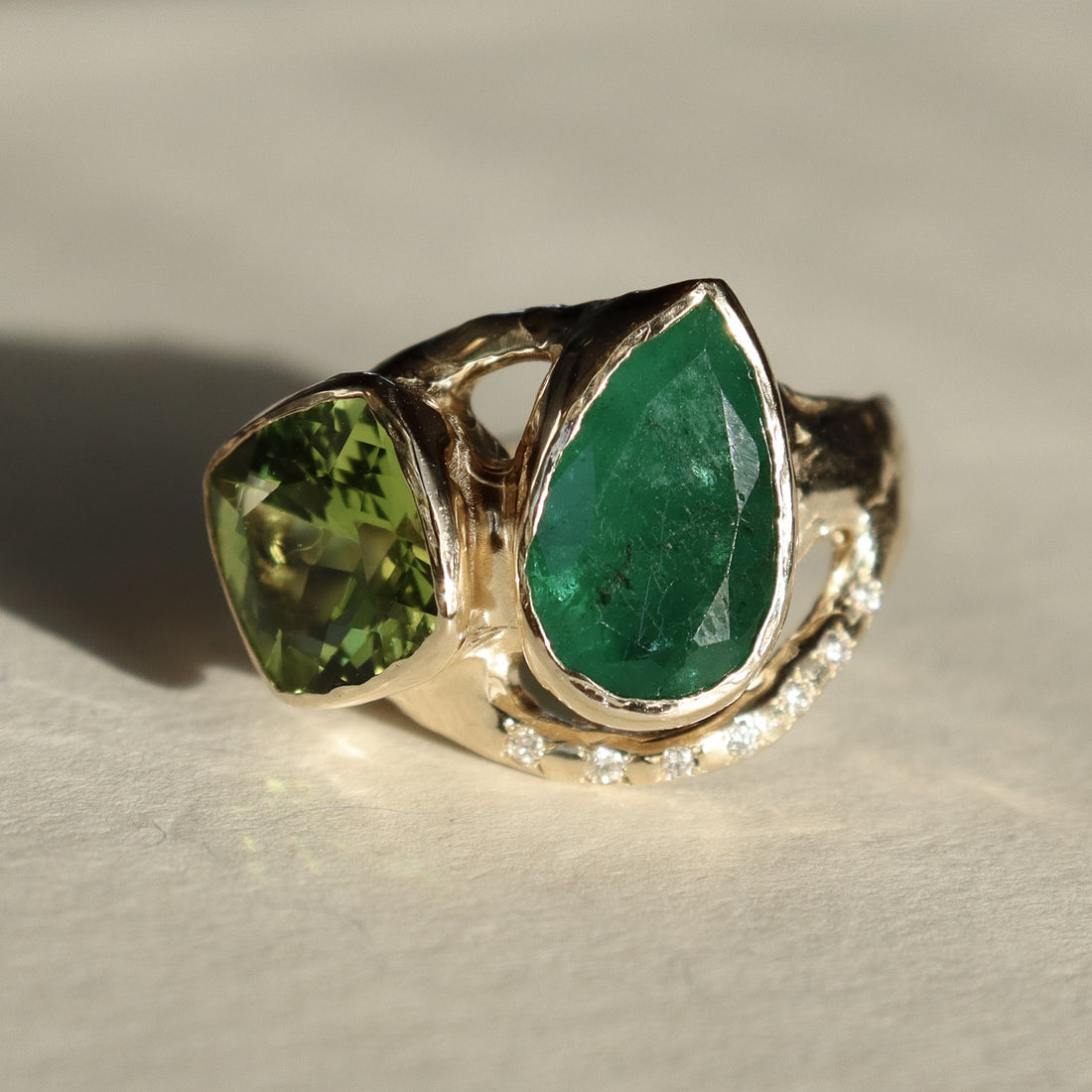 Custom Emerald and Peridot Engagement Ring