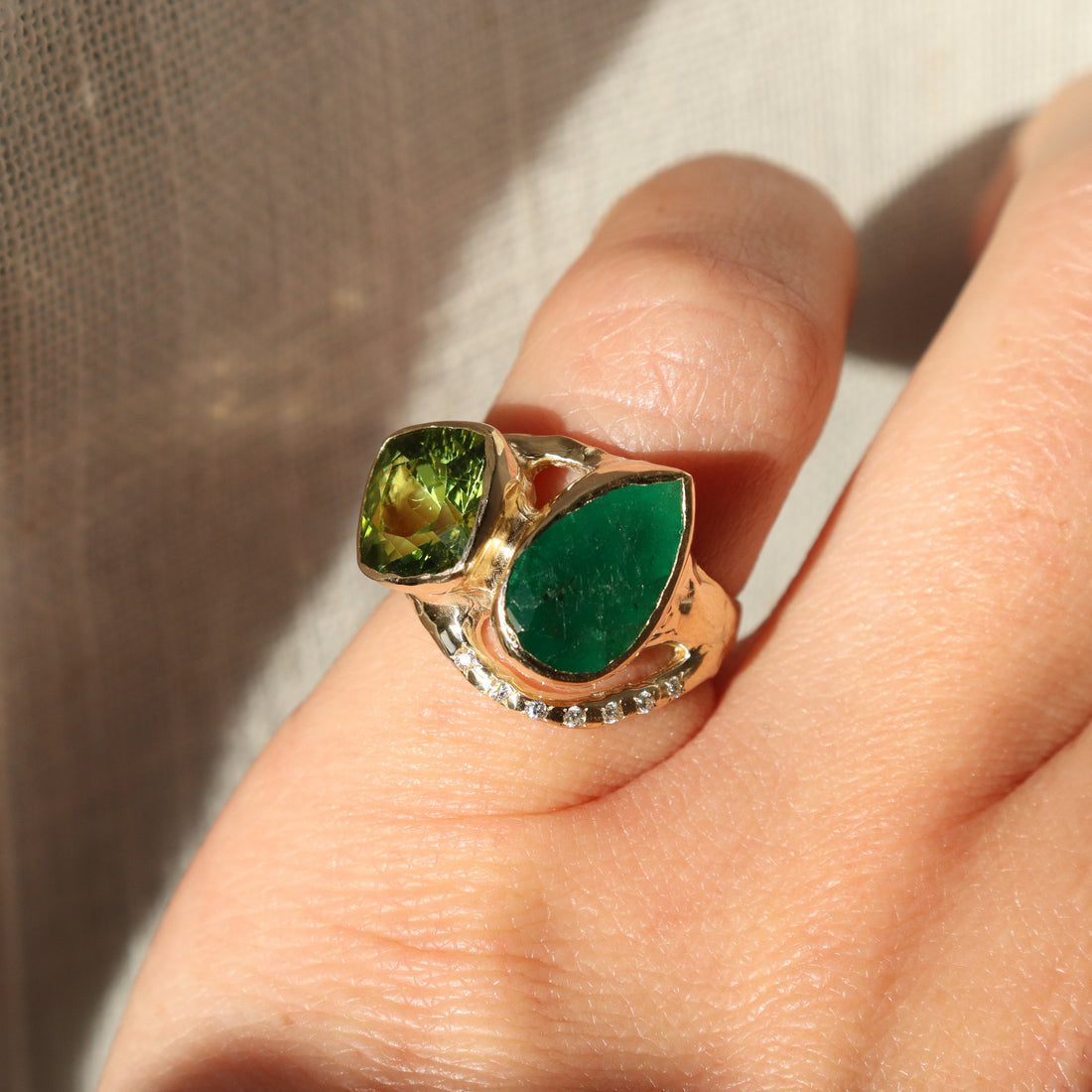 Custom Emerald and Peridot Engagement Ring