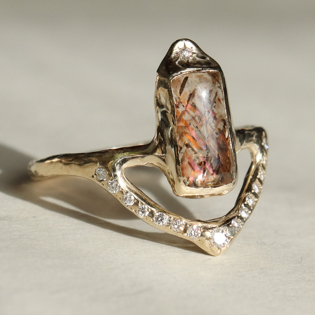 Starfall Ring | Rainbow Lattice Sunstone, Diamonds, 14k Gold
