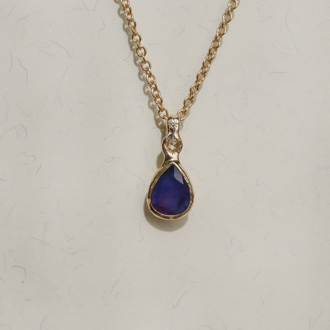 Daughter of the Tide | Droplet Charm, Purple Sri Lanken Sapphire, Diamonds, 14k Gold