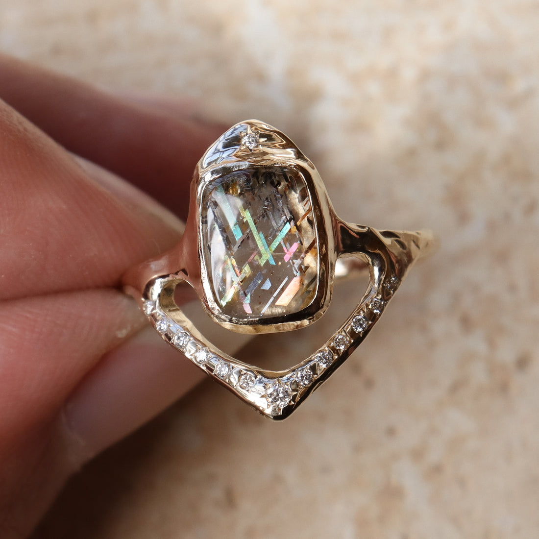 Custom Rainbow Lattice Sunstone Star Fall Ring