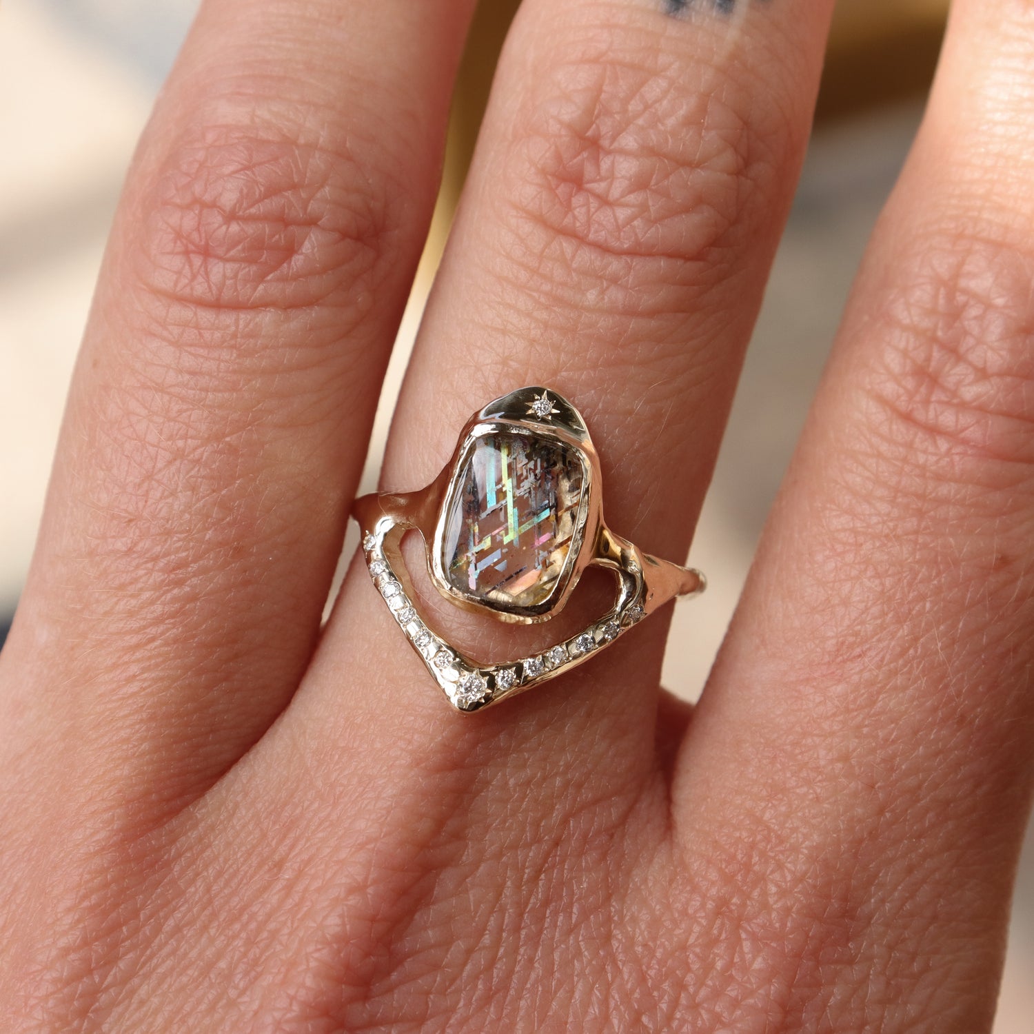 Custom Rainbow Lattice Sunstone Star Fall Ring