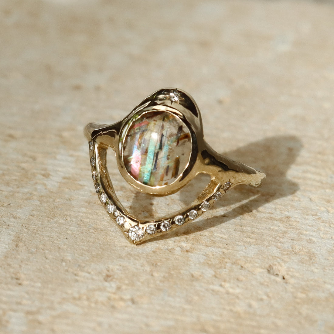 Starfall Ring | Rainbow Lattice Sunstone, Diamonds, 14k Gold