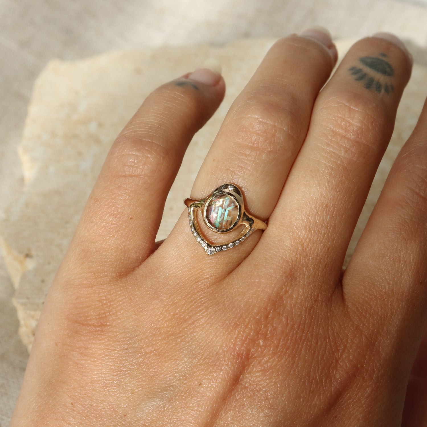 Starfall Ring | Rainbow Lattice Sunstone, Diamonds, 14k Gold