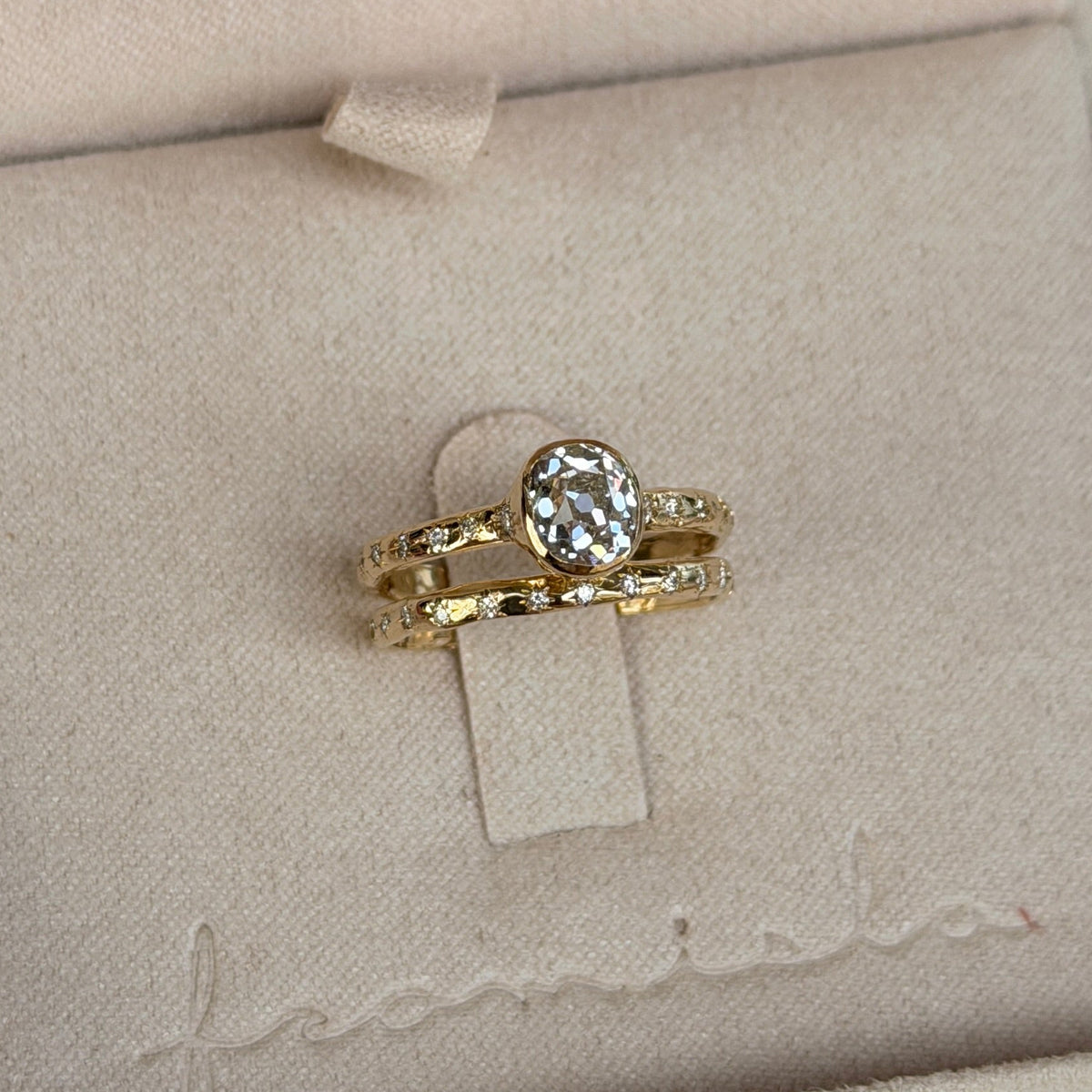 Custom Old Mine Diamond Engagement Ring and Wedding Band