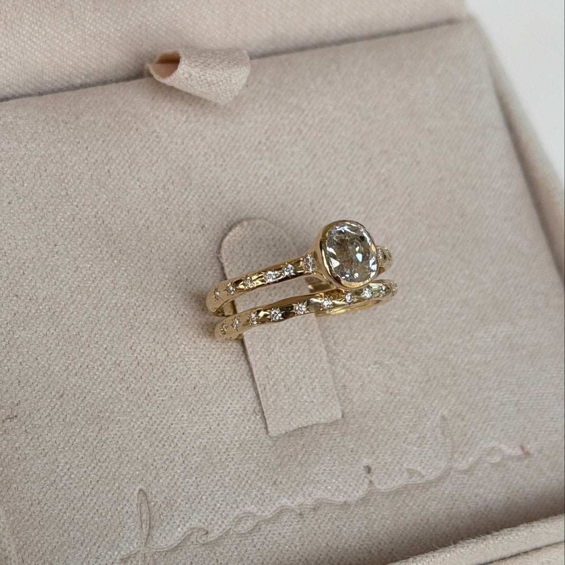 Custom Old Mine Diamond Engagement Ring and Wedding Band