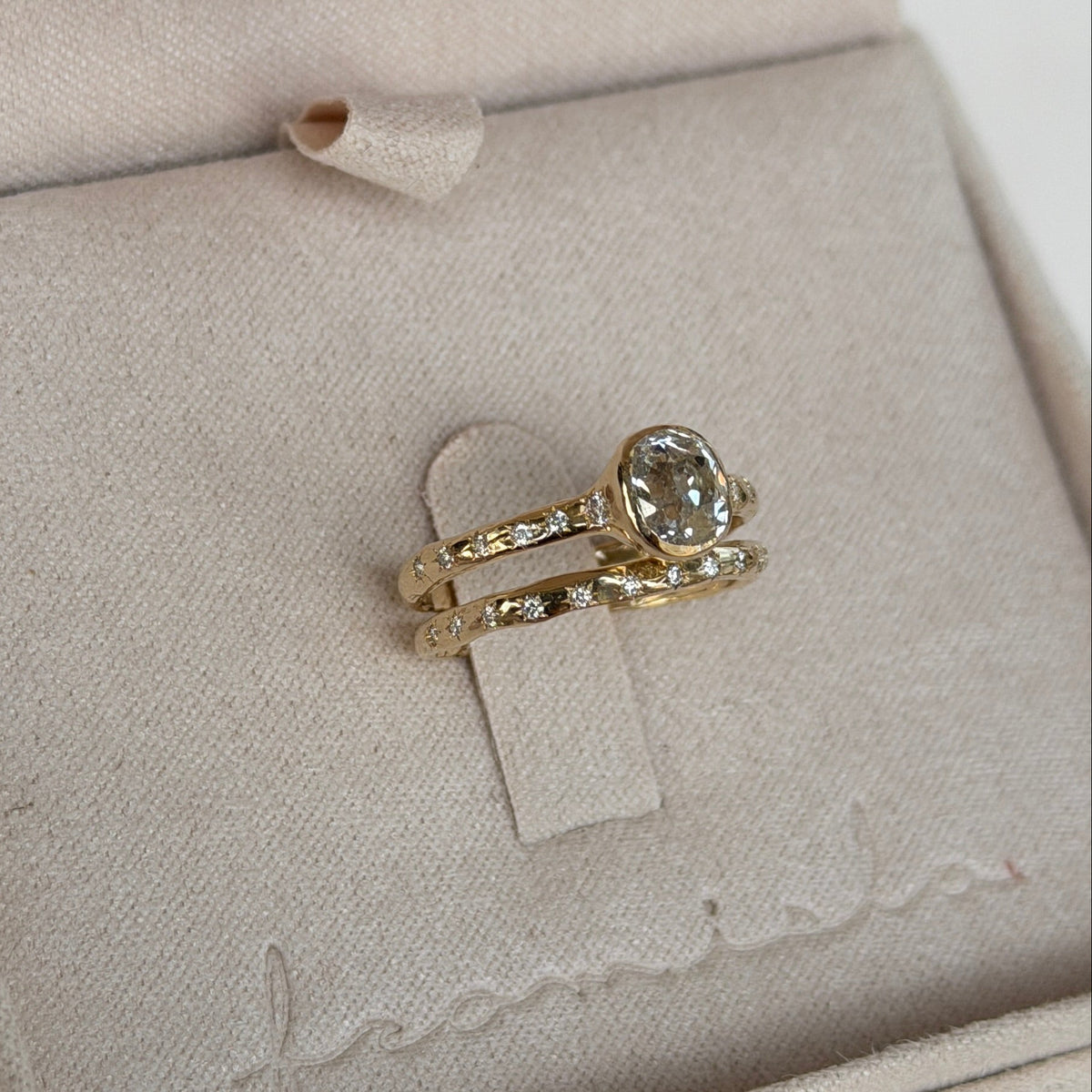 Custom Old Mine Diamond Engagement Ring and Wedding Band