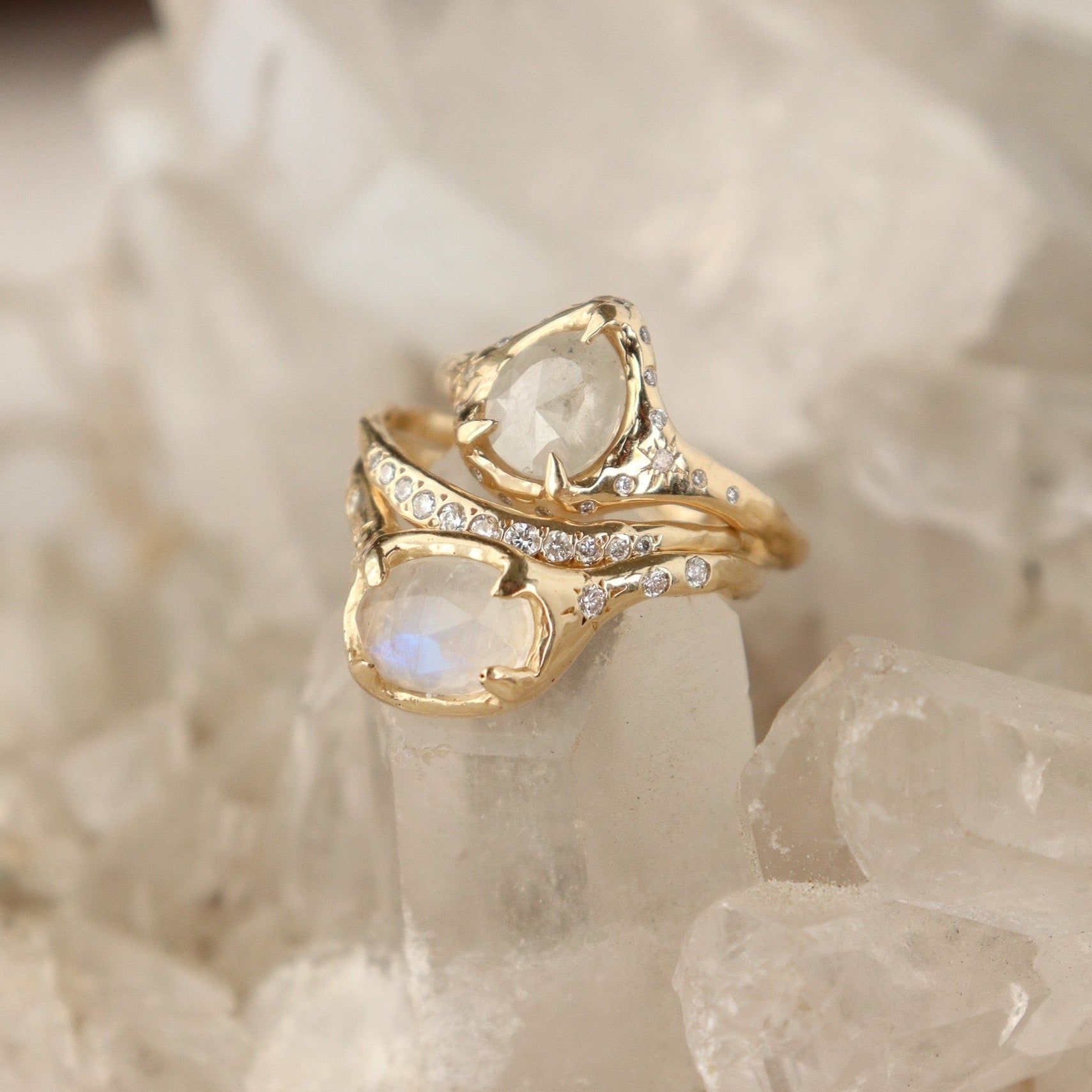 The Realm | Moonstone and Star Set Diamond Ring, 14k Gold