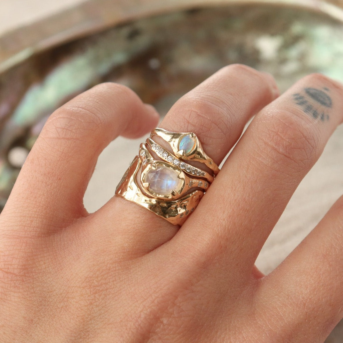 The Realm | Moonstone and Star Set Diamond Ring, 14k Gold