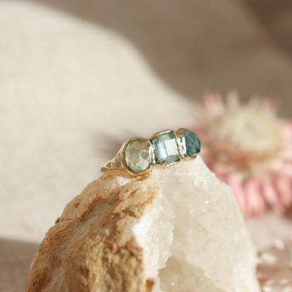 Ombre Blue Tourmaline Trio Ring | 14k Gold