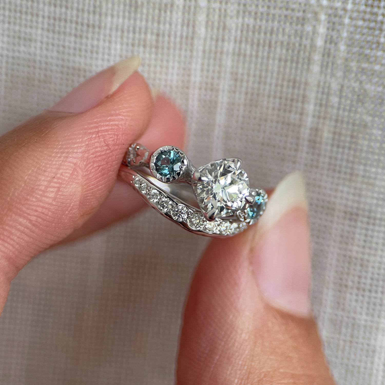 Custom Old Euro Diamond and Aquamarine Engagement Ring