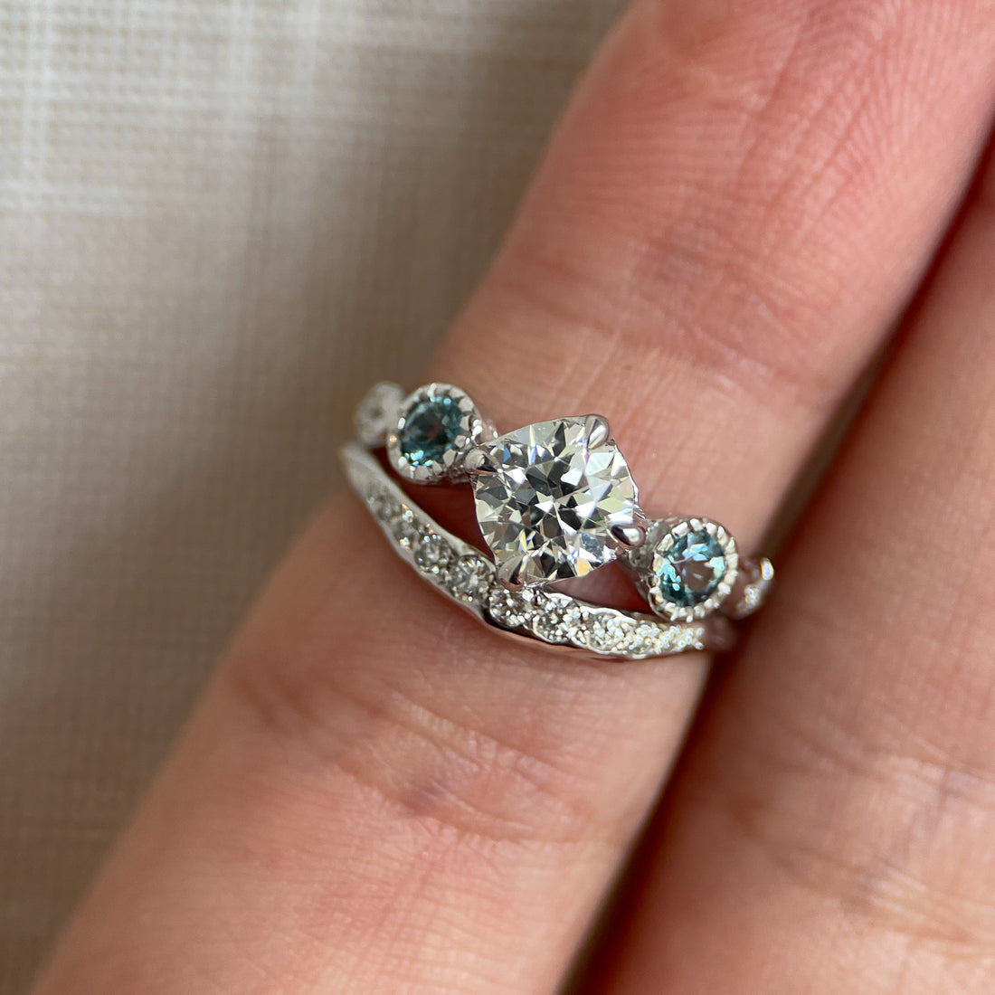 Custom Old Euro Diamond and Aquamarine Engagement Ring
