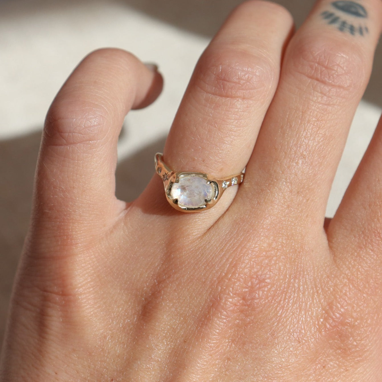 The Realm | Moonstone and Star Set Diamond Ring, 14k Gold