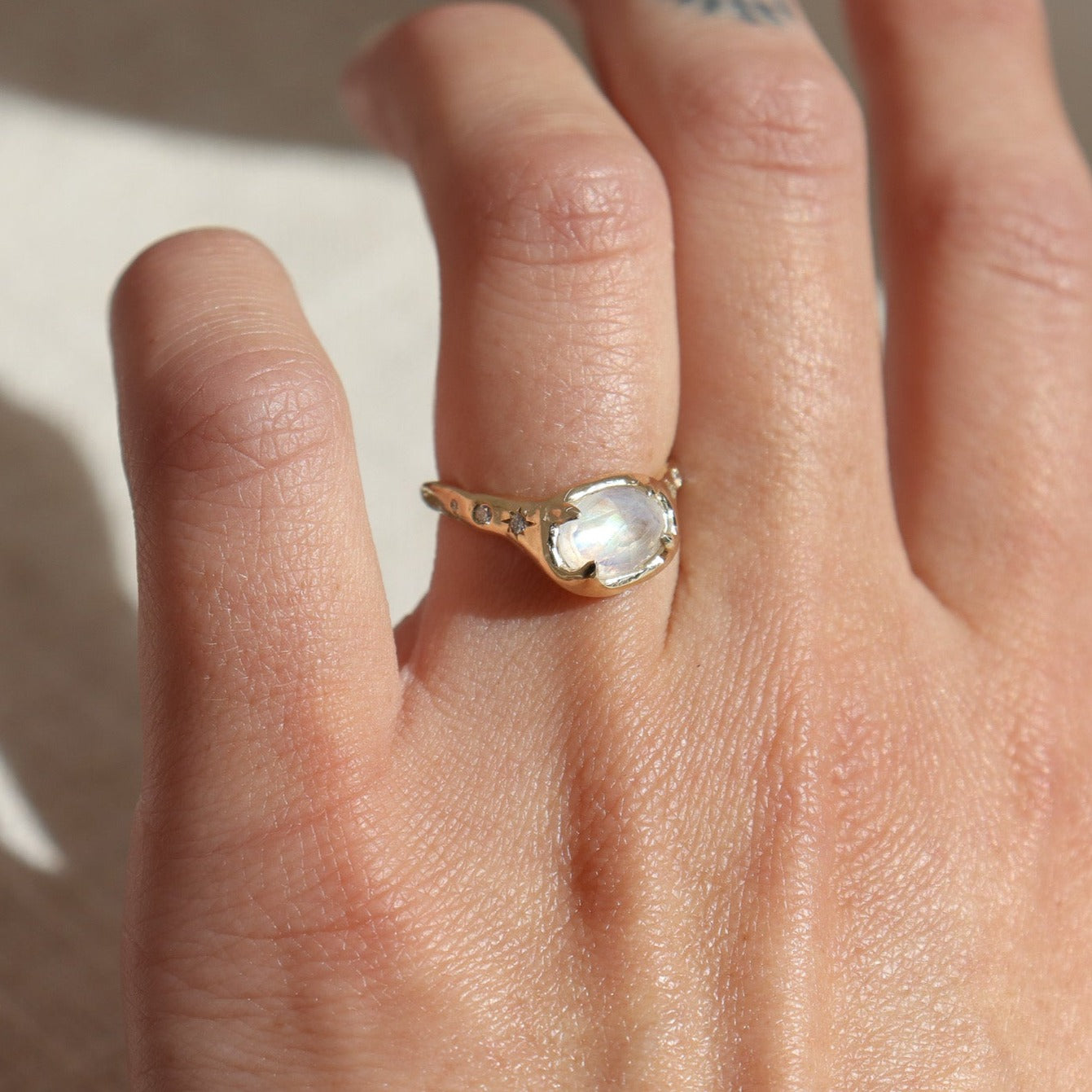 The Realm | Moonstone and Star Set Diamond Ring, 14k Gold