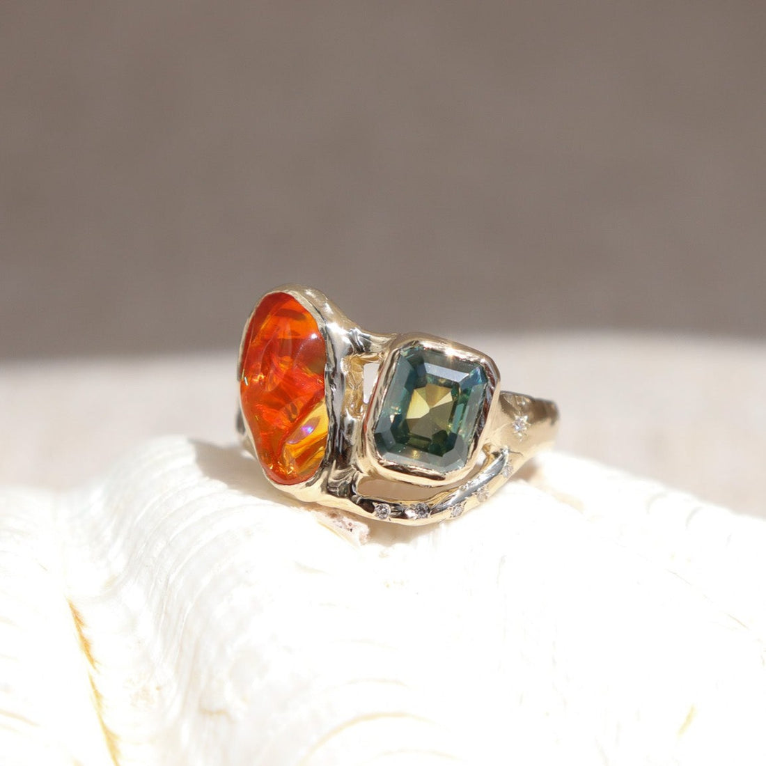 Custom Fire Opal and Moissanite Ring