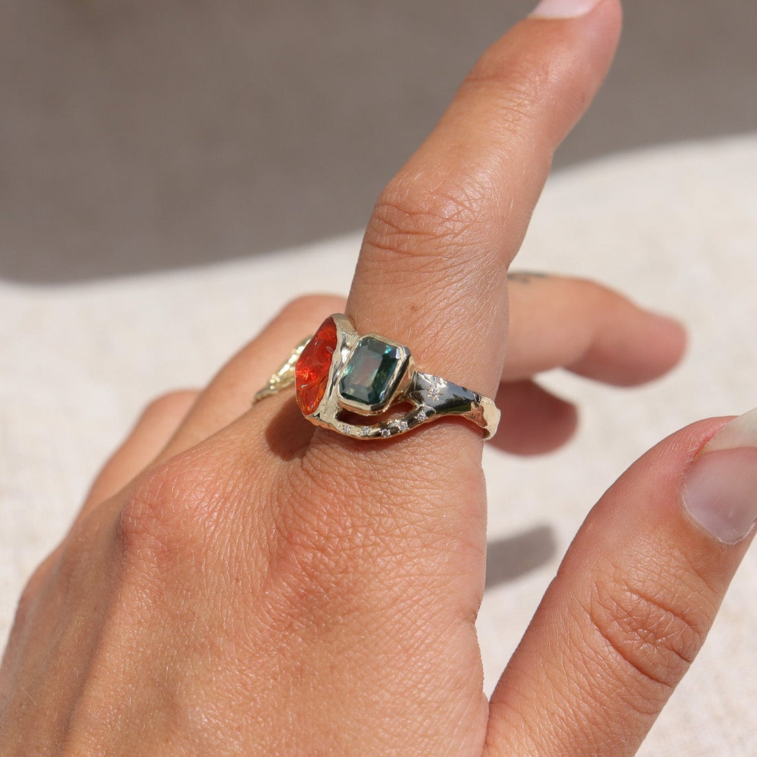 Custom Fire Opal and Moissanite Ring