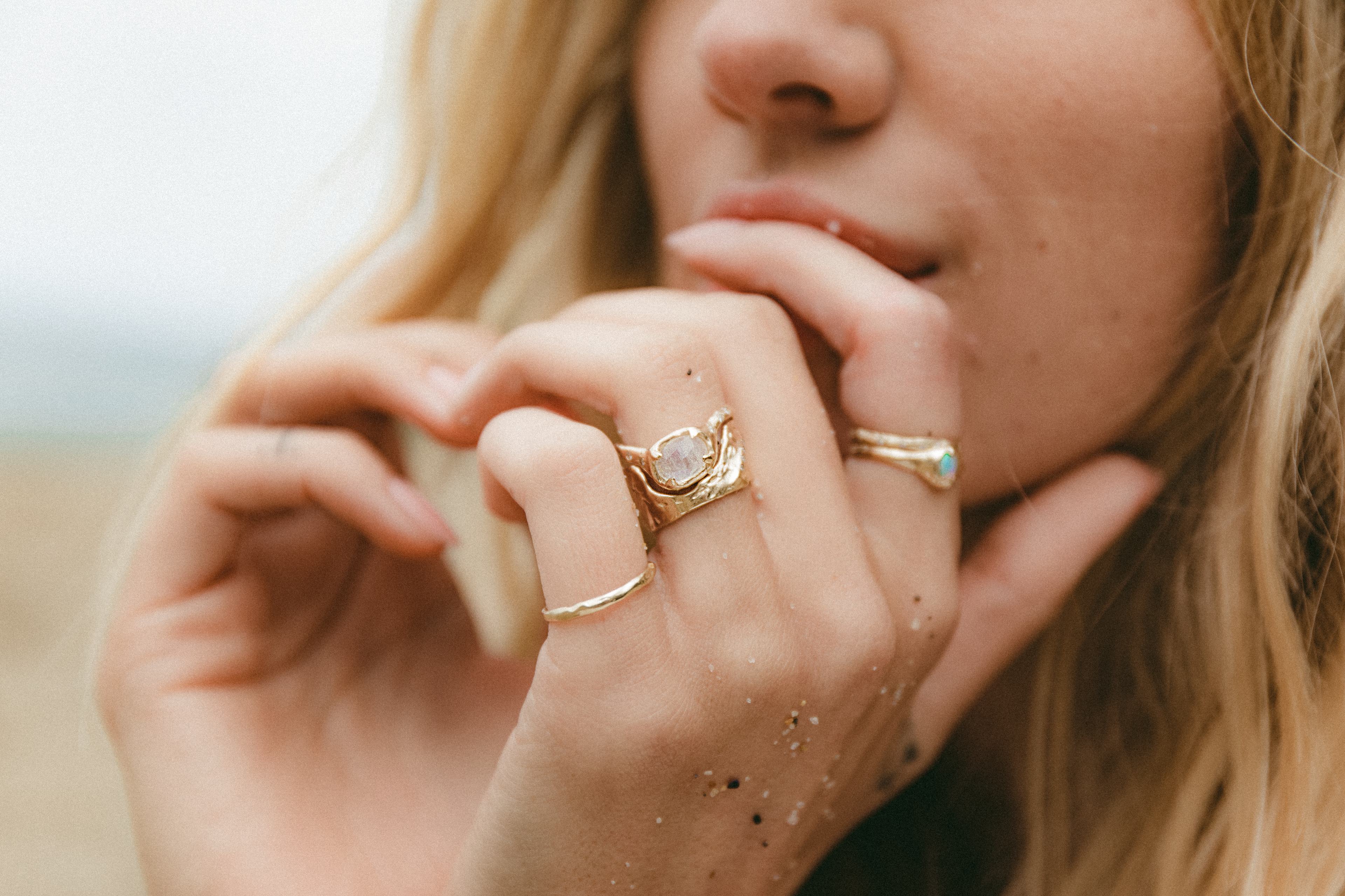 gold stacking rings with moonstone and opal