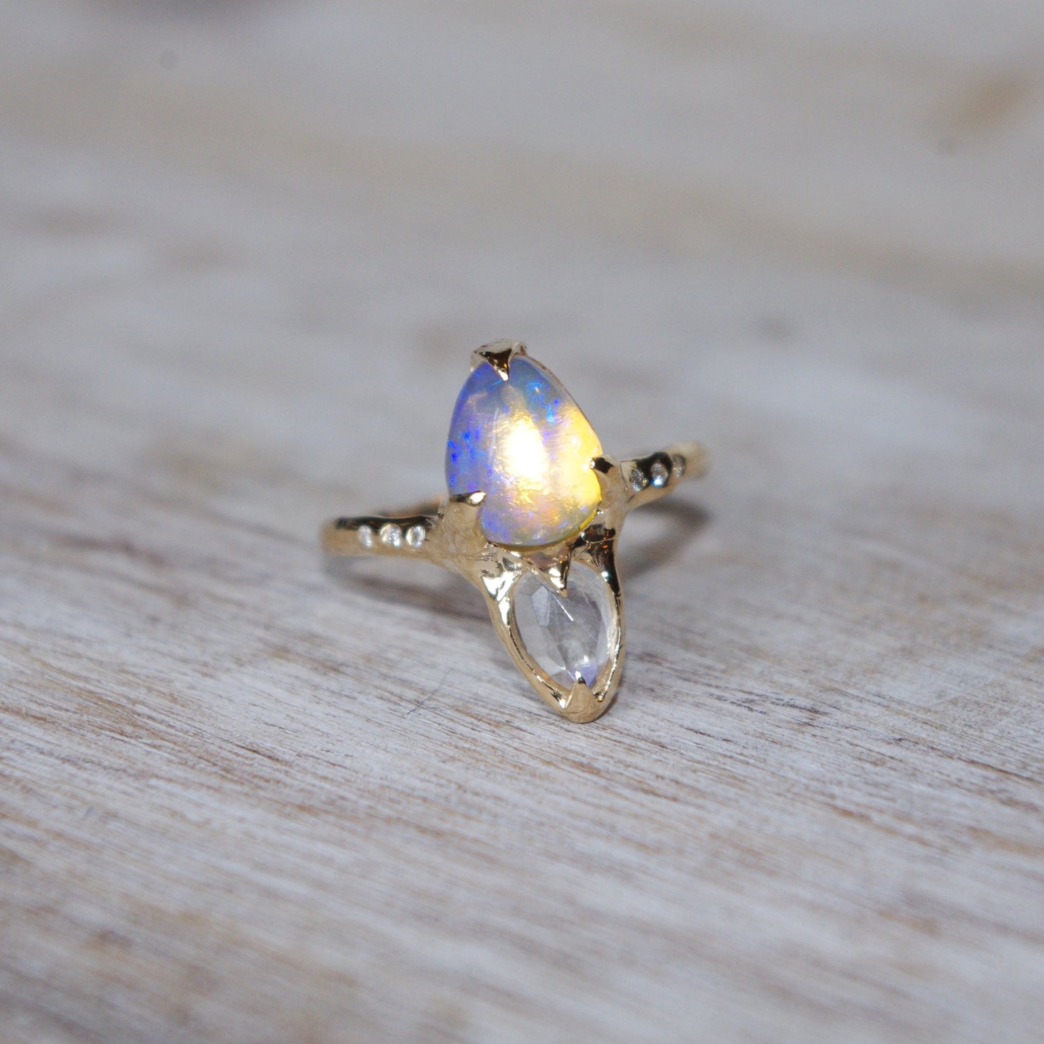 Opal, Moonstone, and Diamond Ring | 14k Gold